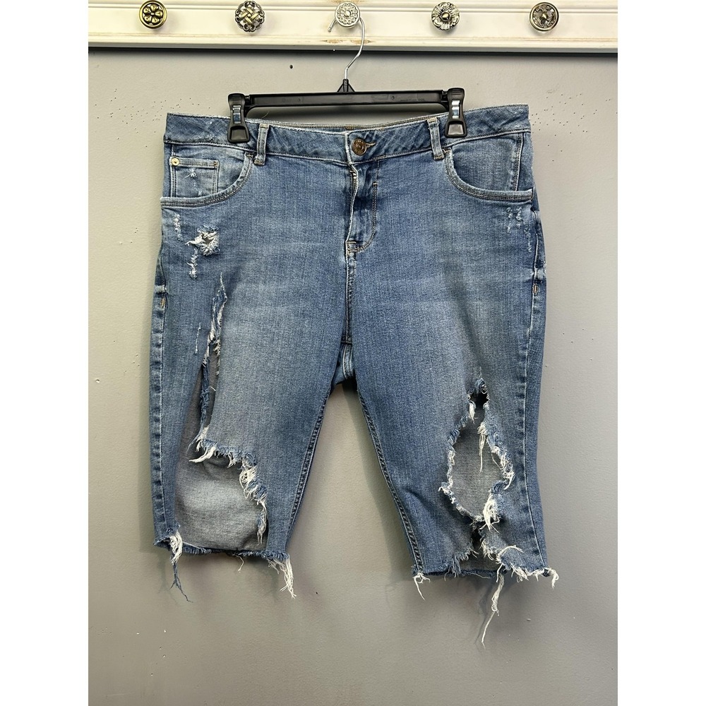River Island Shorts Womens 18 Blue Denim Bermuda Heavily Distressed Frayed Hem